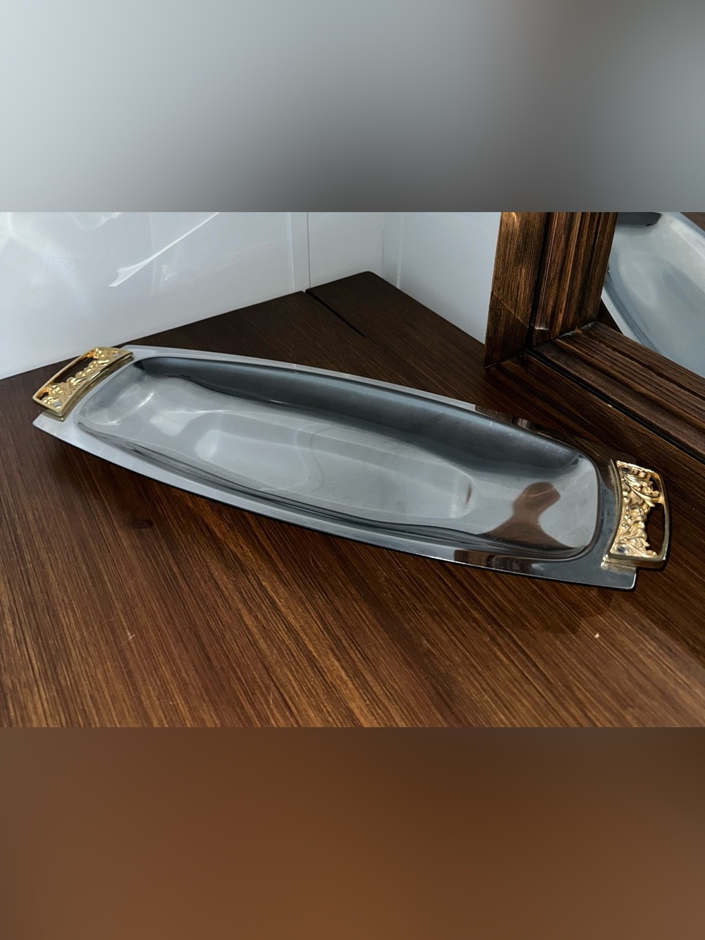 Kromex Chrome Oval Bread / Relish Serving Tray with Ornate Gold Handles 16 3/4”